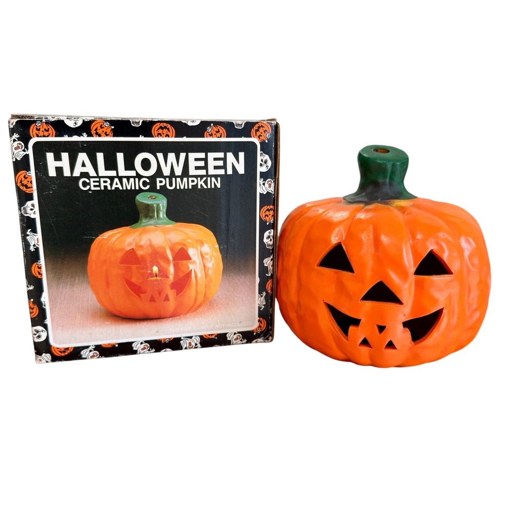Vintage Halloween Ceramic Pumpkin Jack O Lantern in Original Box Made in Taiwan